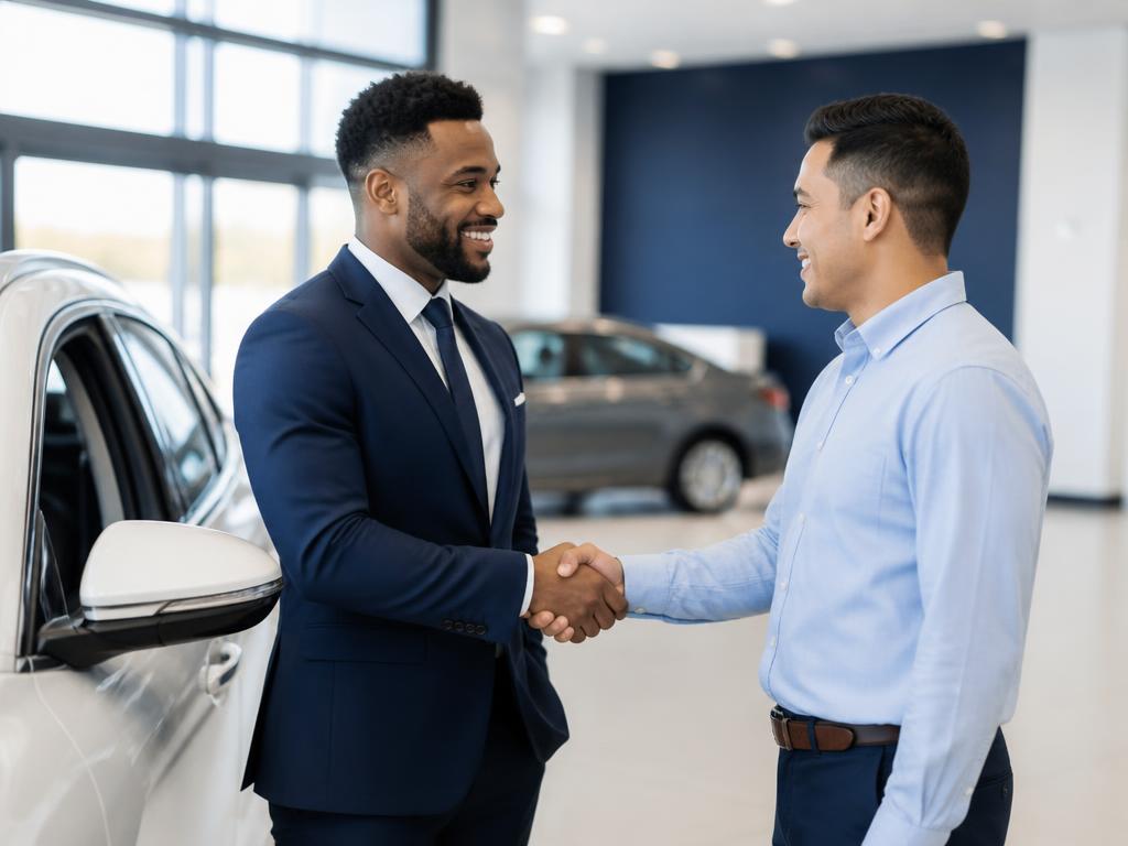 Car Dogs consultant shaking hands with a happy customer in a dealership