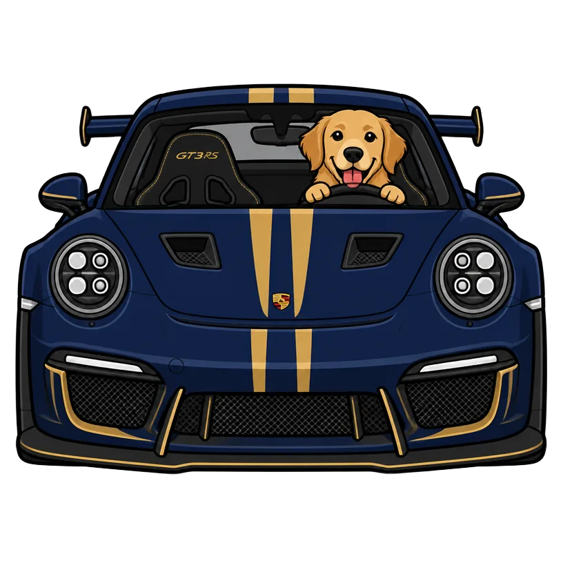 A golden retriever driving a navy car