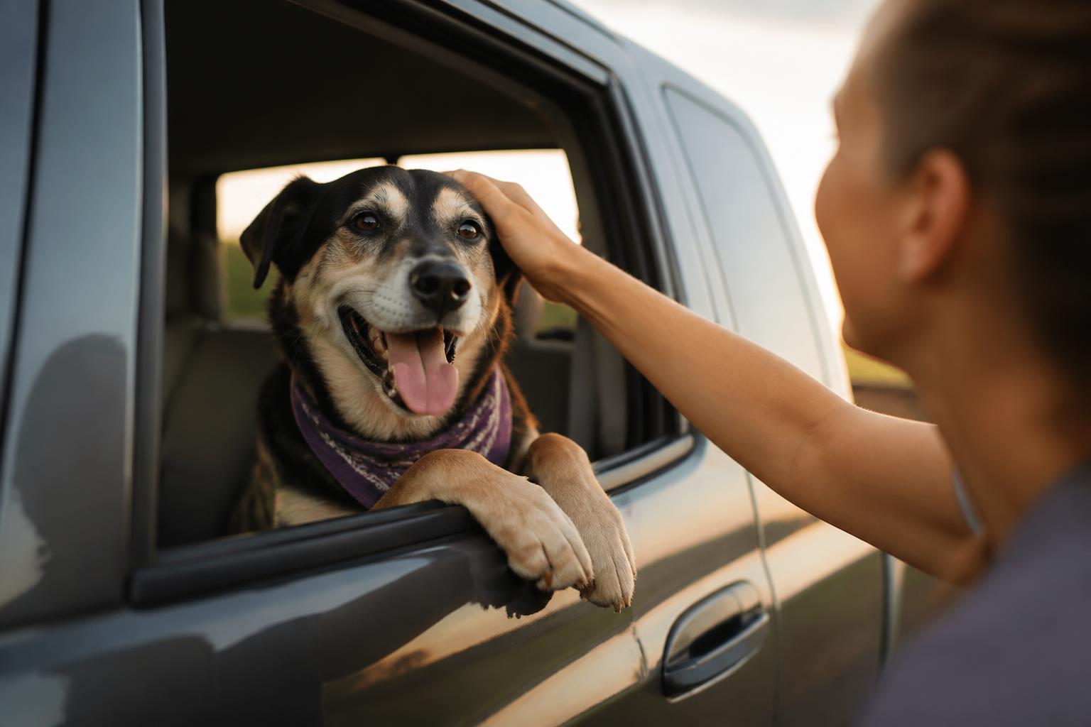 A rescue dog in a bandana leaning out of a truck window while a woman scratches his head